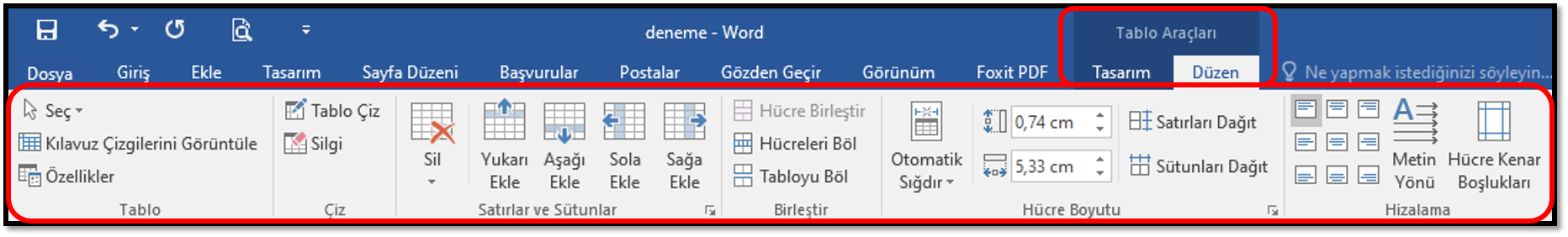 Tablo Araçları Menüsü