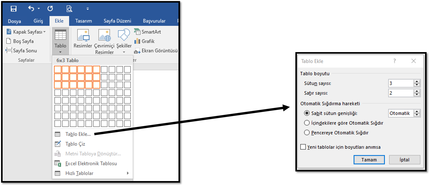 Tablo Ekleme Menüsü