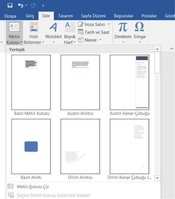 Metin Kutusu Ekleme Menüsü
